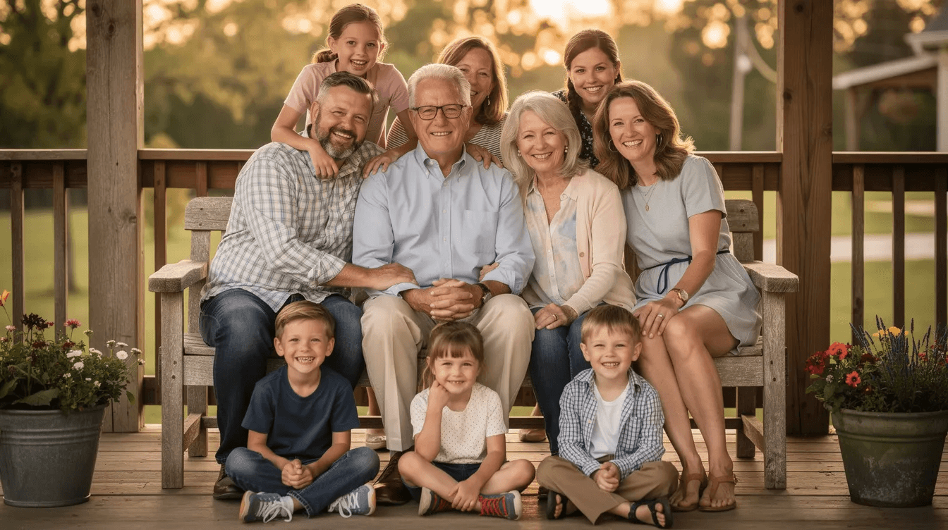 A multi-generational family is gathered on a porch, with grandparents, parents, and children all smiling warmly together. This scene reflects the importance of family conversations about inheritance, legacy, and financial planning, showcasing the joy of relationships and shared history.