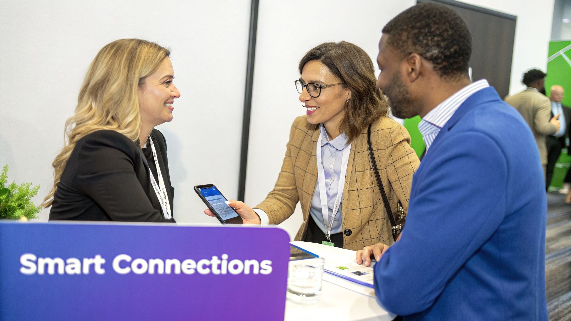 Three professionals networking and engaging with a smartphone at a 'Smart Connections' event.