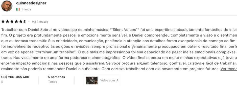 Avaliação de cliente no Fiverr
