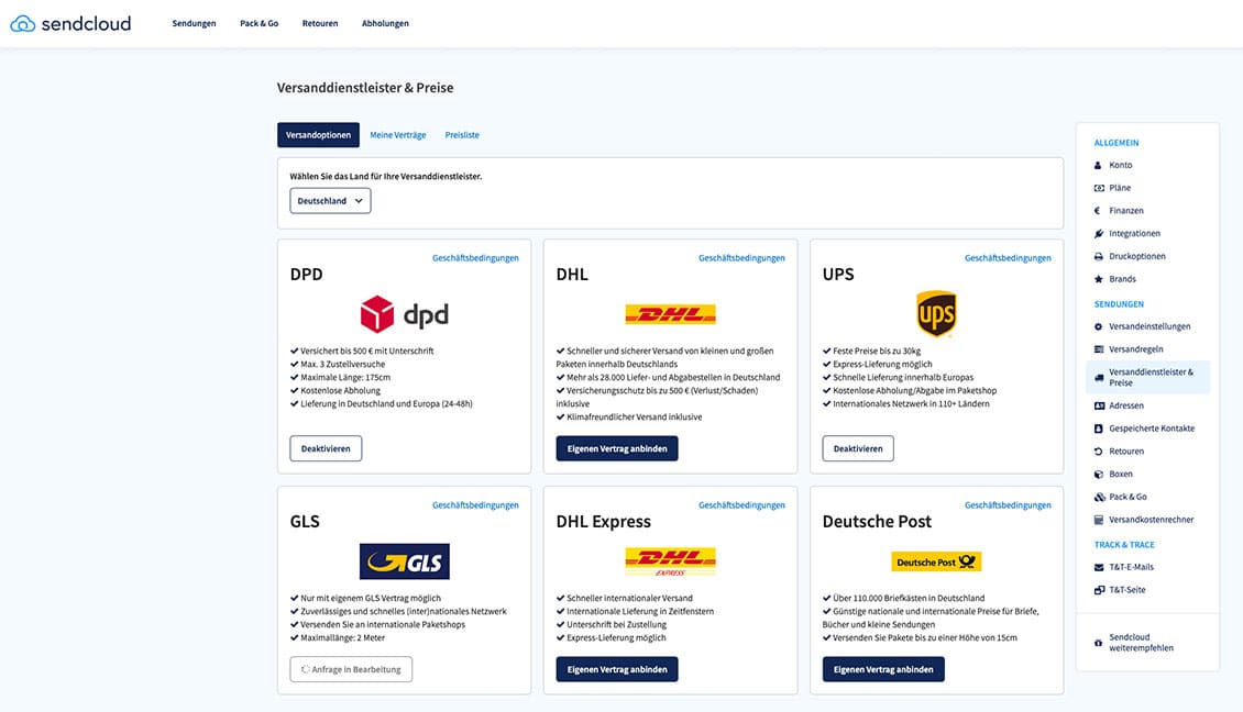 Verschiedene Versanddienstleister zur Versandoptimierung in der Versandlogistik; Adressen in der Sendcloud Plattform - AMP