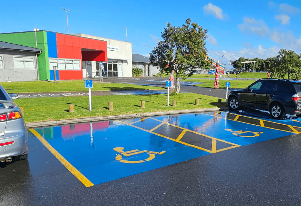 Accessible parking spaces in front of a recreation centre