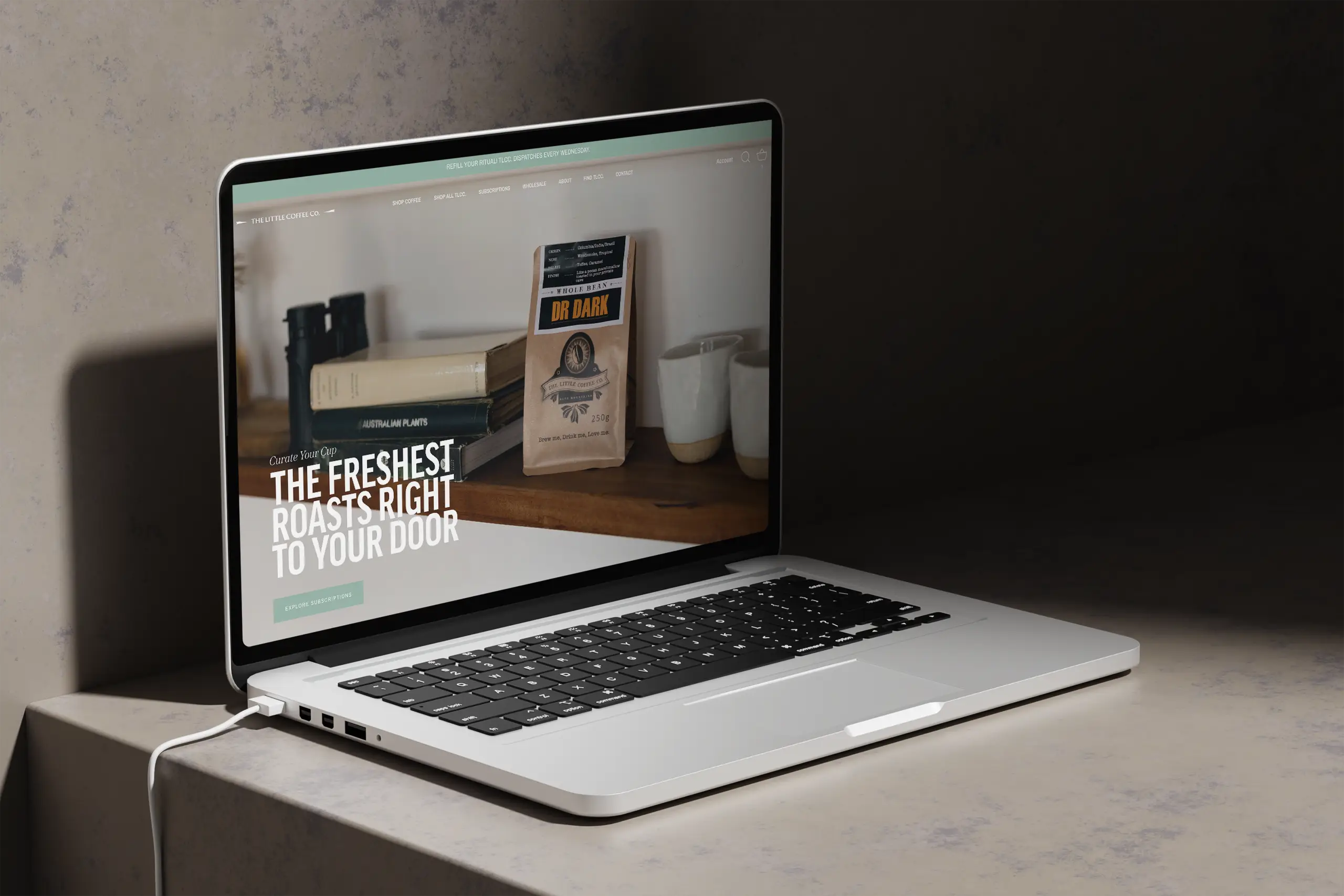 The Little Coffee Co. Shopify website homepage featuring TLCC brand colours and fonts.