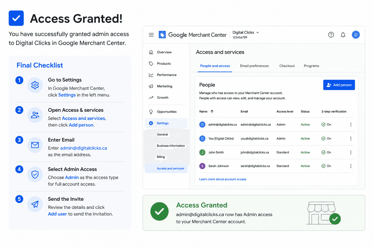 Final checklist for granting Google Merchant Center access to Digital Clicks.