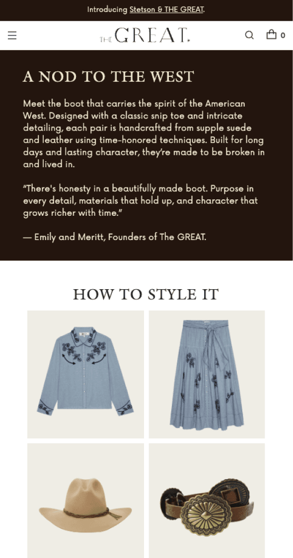 Mobile product styling guide for The GREAT. apparel collections