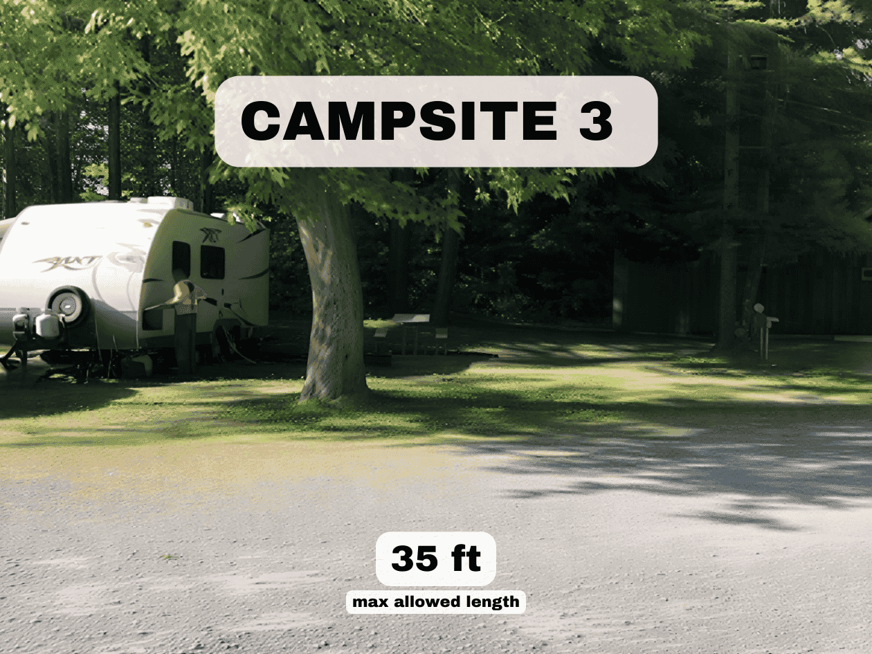 Wooded RV site 3 with white camper. Text: Campsite 3, 35 ft max allowed length.