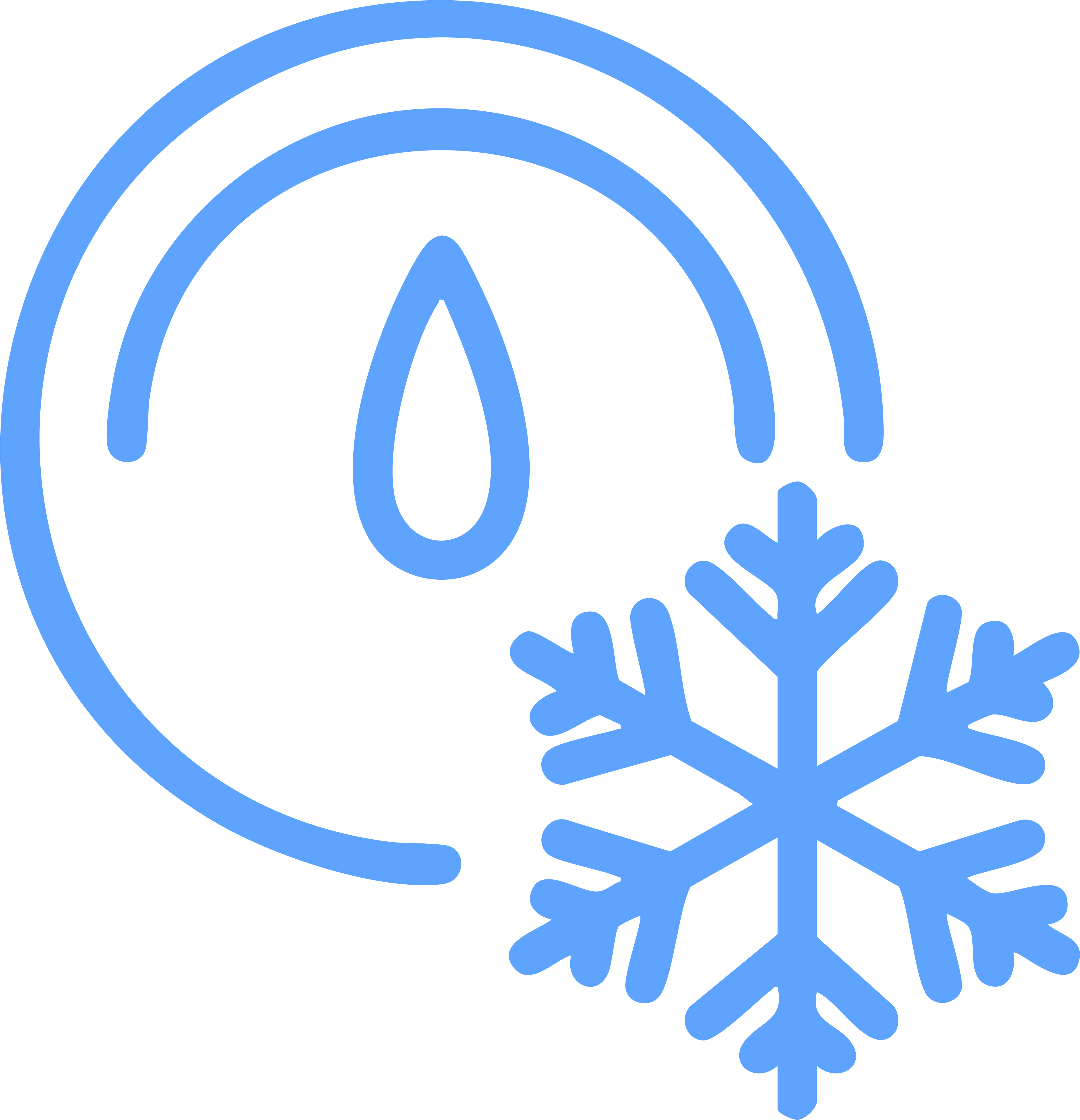 Blue line icon featuring a thermometer inside a water droplet and a snowflake symbol.