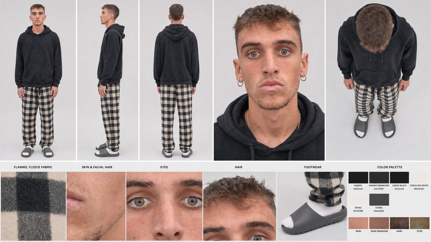 Black hoodie, check flannel trousers, slides — with hex codes in the palette.