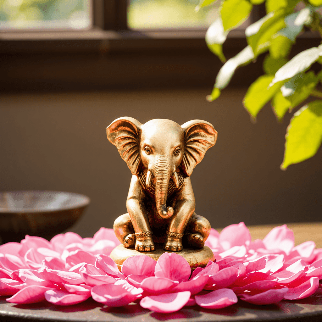 product photography of a decorative statue of an elephant surrounded by flower petals