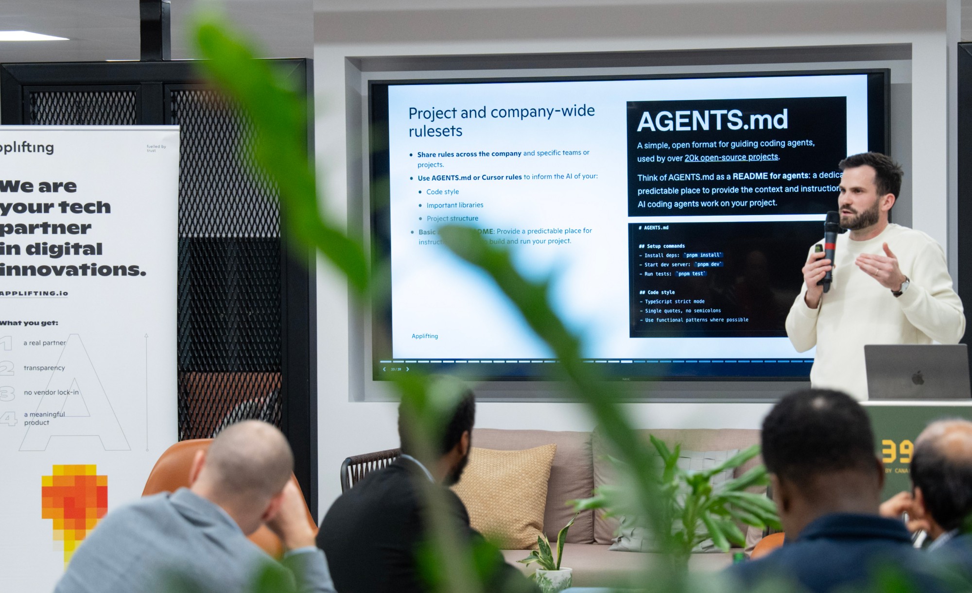 AI development talk at Applifting event showing AGENTS.md rulesets and context engineering for coding agents.