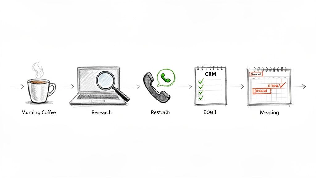 Illustrated daily workflow for a sales professional: morning coffee, research, outreach calls, CRM management, and scheduled meetings.