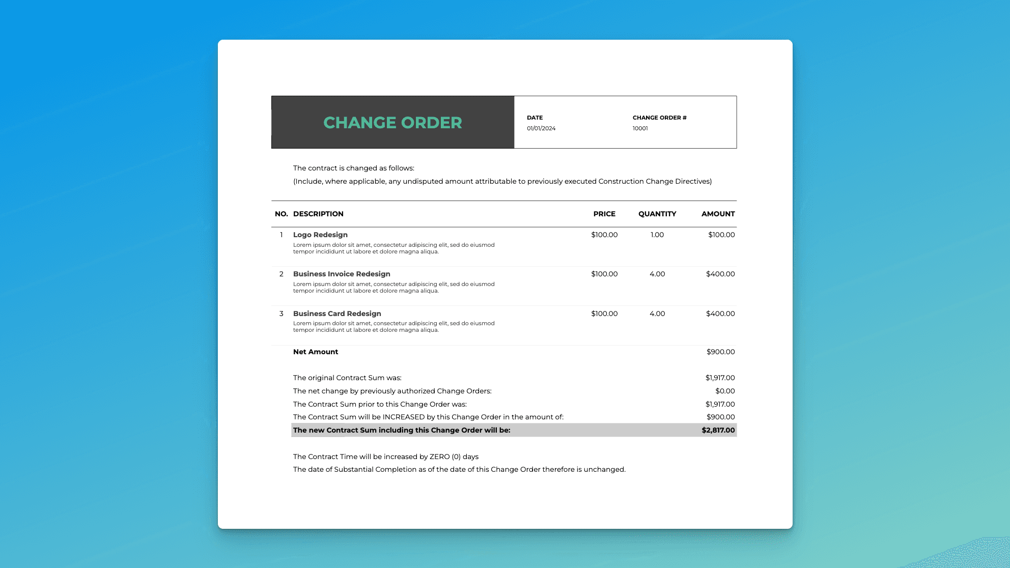Change Order spreadsheet template showing editable project revisions, updated totals, and contract adjustments.