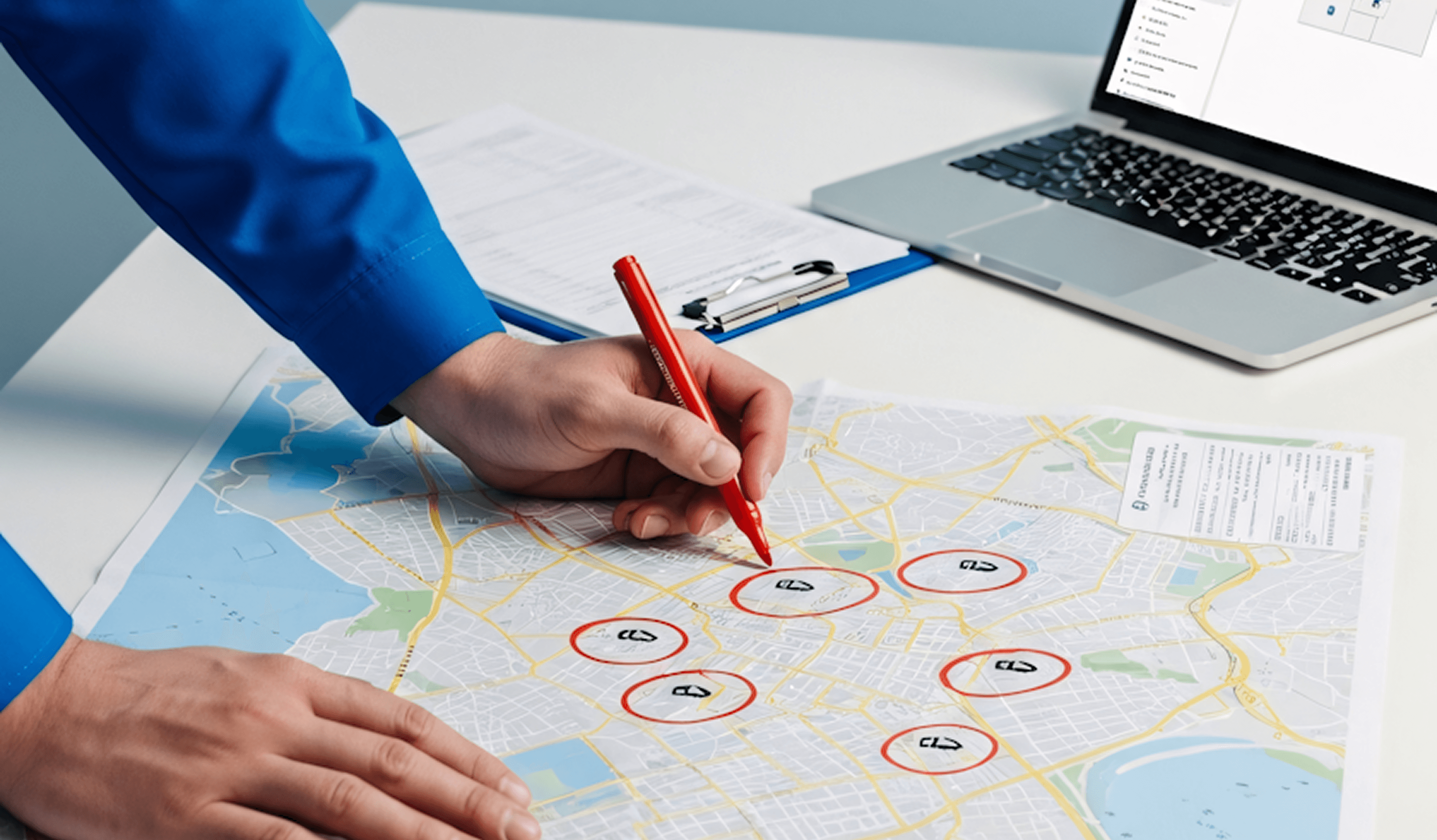 Man in a blue shirt and tie points at a map marked with red circles, holding a pen in his right hand.