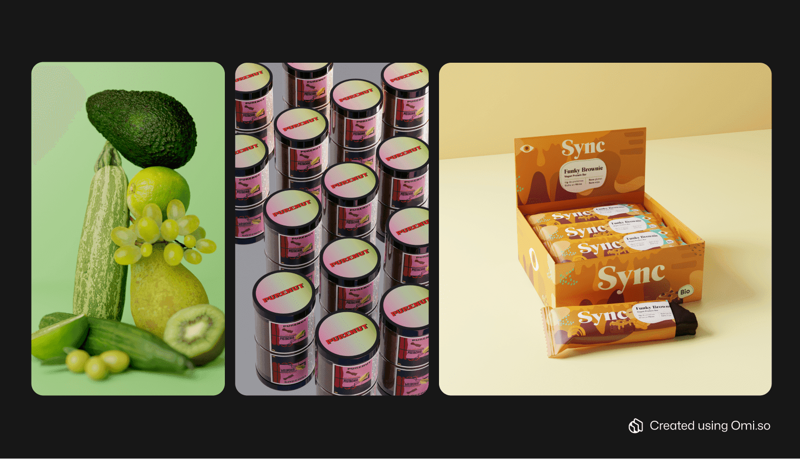 Digital Twin imagery of fruits & veggies, cans pistachio, and protein bars.
