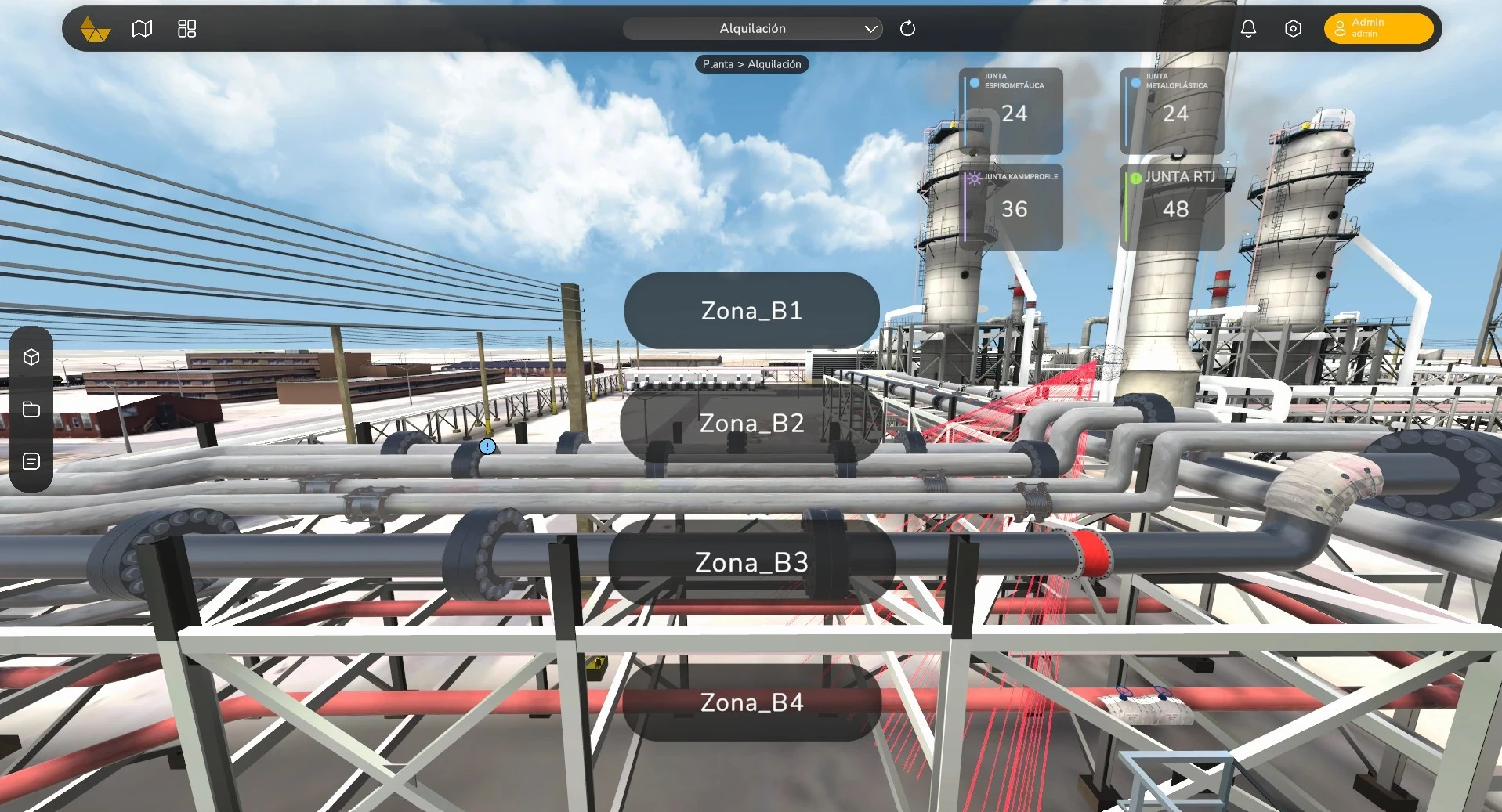Entorno de refinería en 3D con hotspots de navegación y métricas para la monitorización de procesos oil&gas