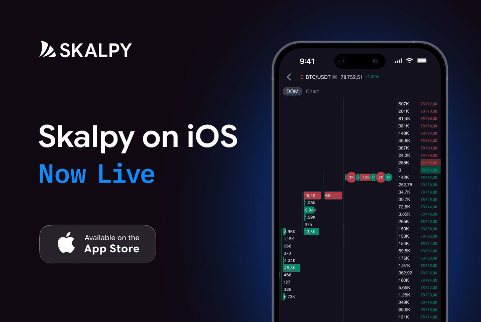 Promotional graphic for Skalpy iOS app release: a sleek iPhone showing the professional trading terminal with dark mode interface, cluster charts, and DOM on the Apple App Store background.Promotional graphic for Skalpy iOS app release: a sleek iPhone showing the professional trading terminal with dark mode interface, cluster charts, and DOM on the Apple App Store background.