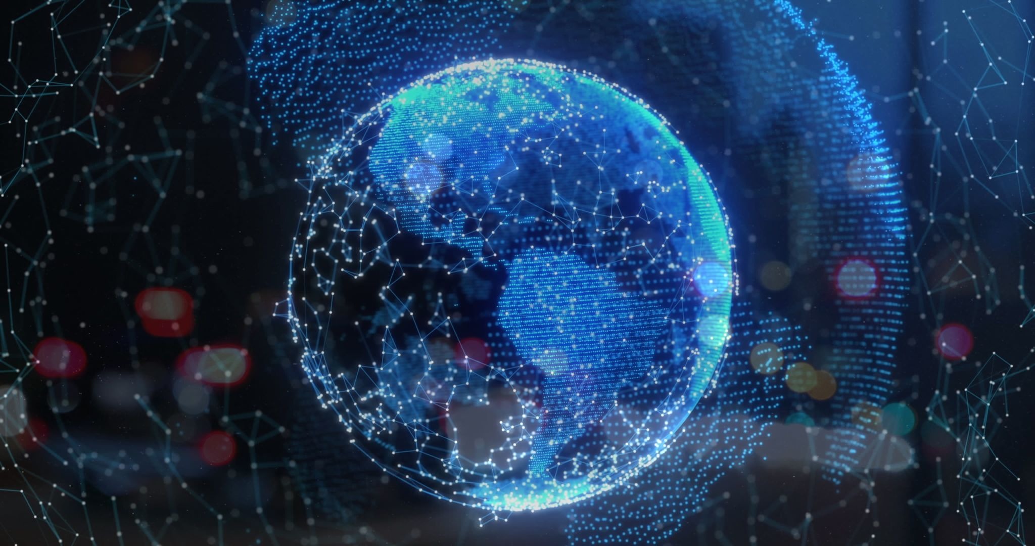 Global digital earth with connected data points representing worldwide cloud migration and interconnected infrastructure.