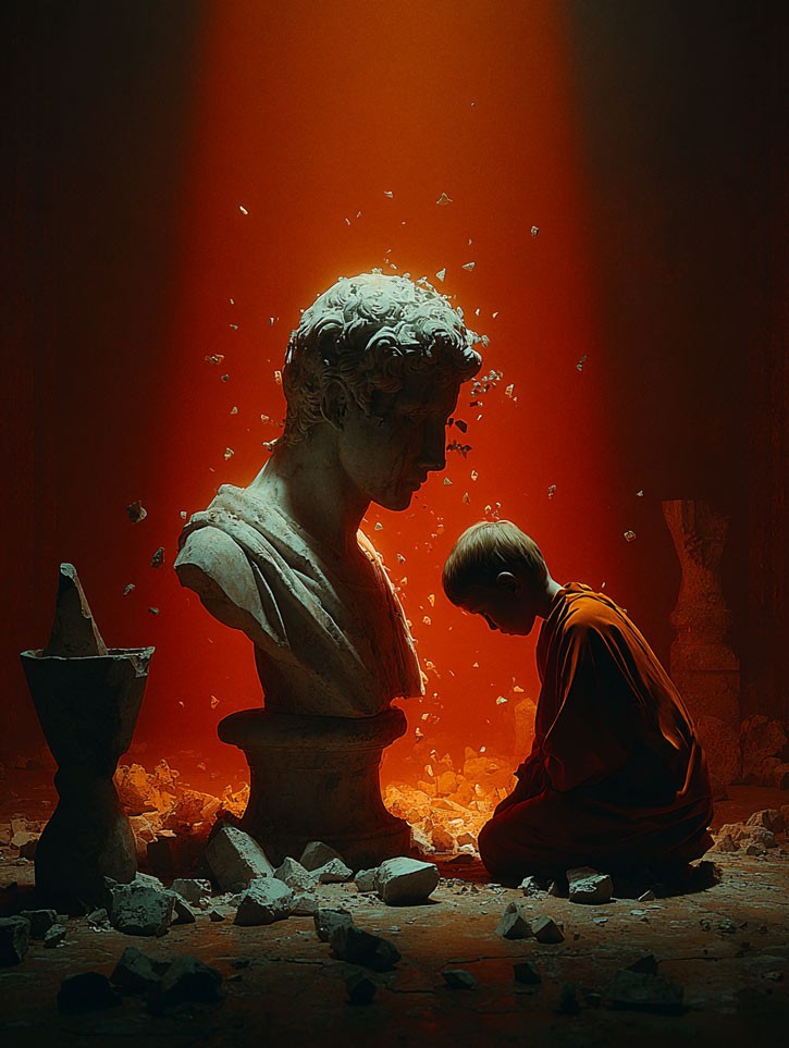 Fashion portrait with dramatic red and orange lighting, person in dark clothing with moody atmosphere