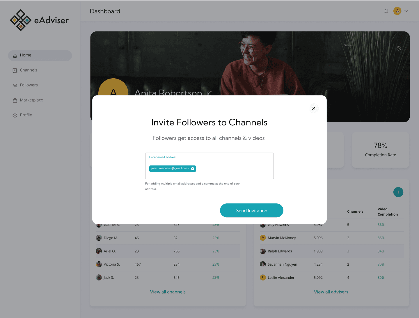 invite followers to channels pop up