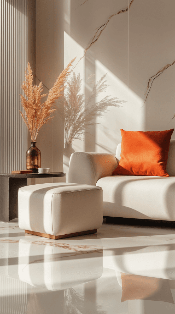 Sunlit minimalist living room with cream sofa, orange pillow, and pampas grass