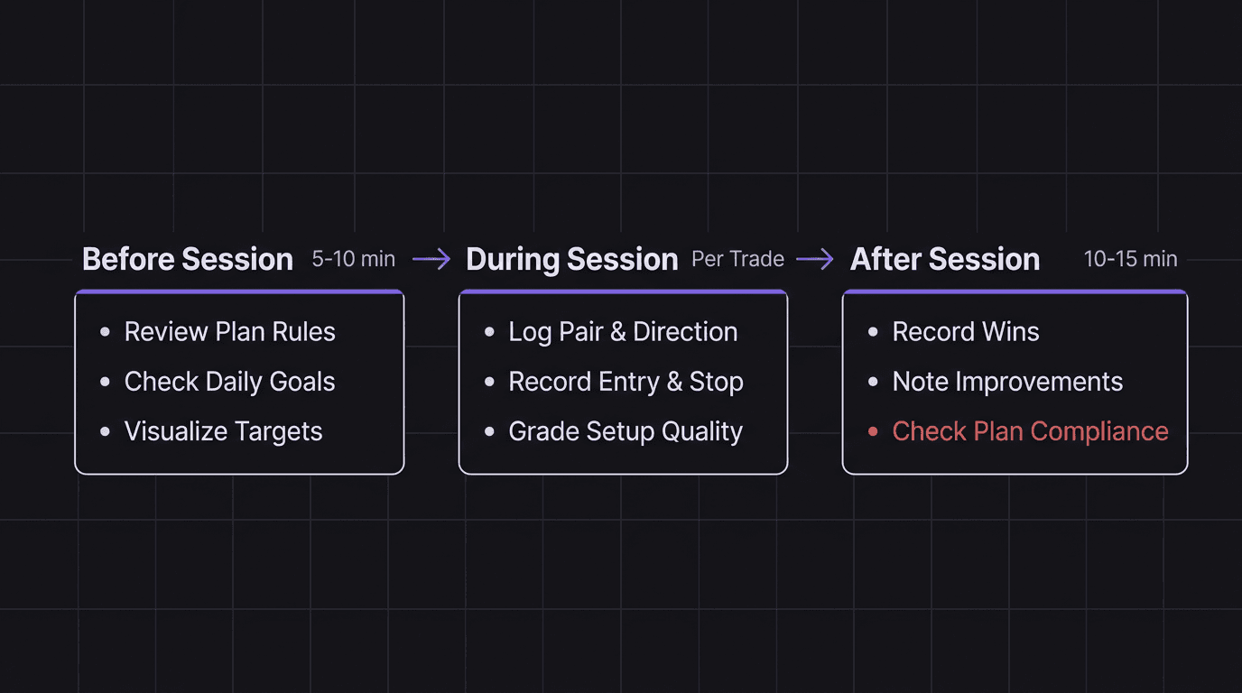 Timeline showing before, during, and after session dashboard workflow