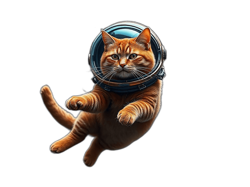 Bild einer Katze mit Astronautenhelm die schwerelos schwebt KI-generiert extro.agency