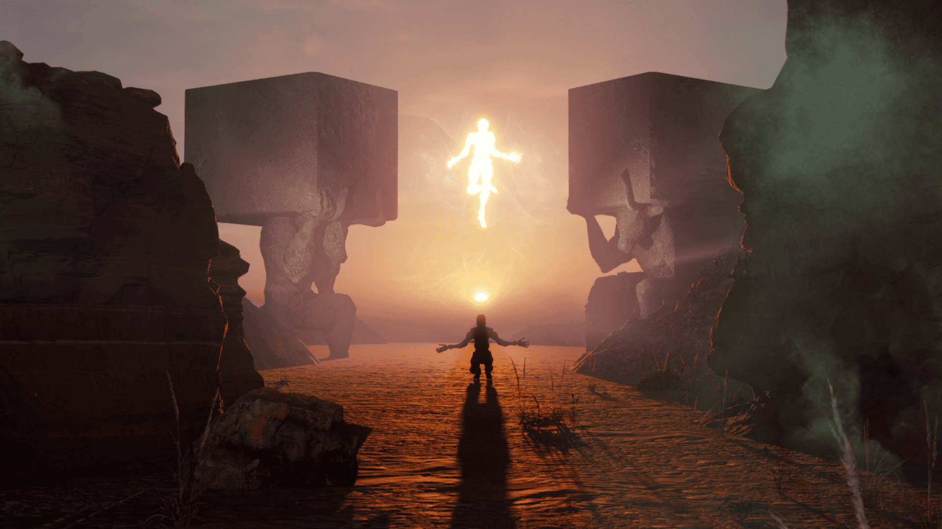 Hooded figure walking toward a glowing light between monoliths in fog. 3D render
