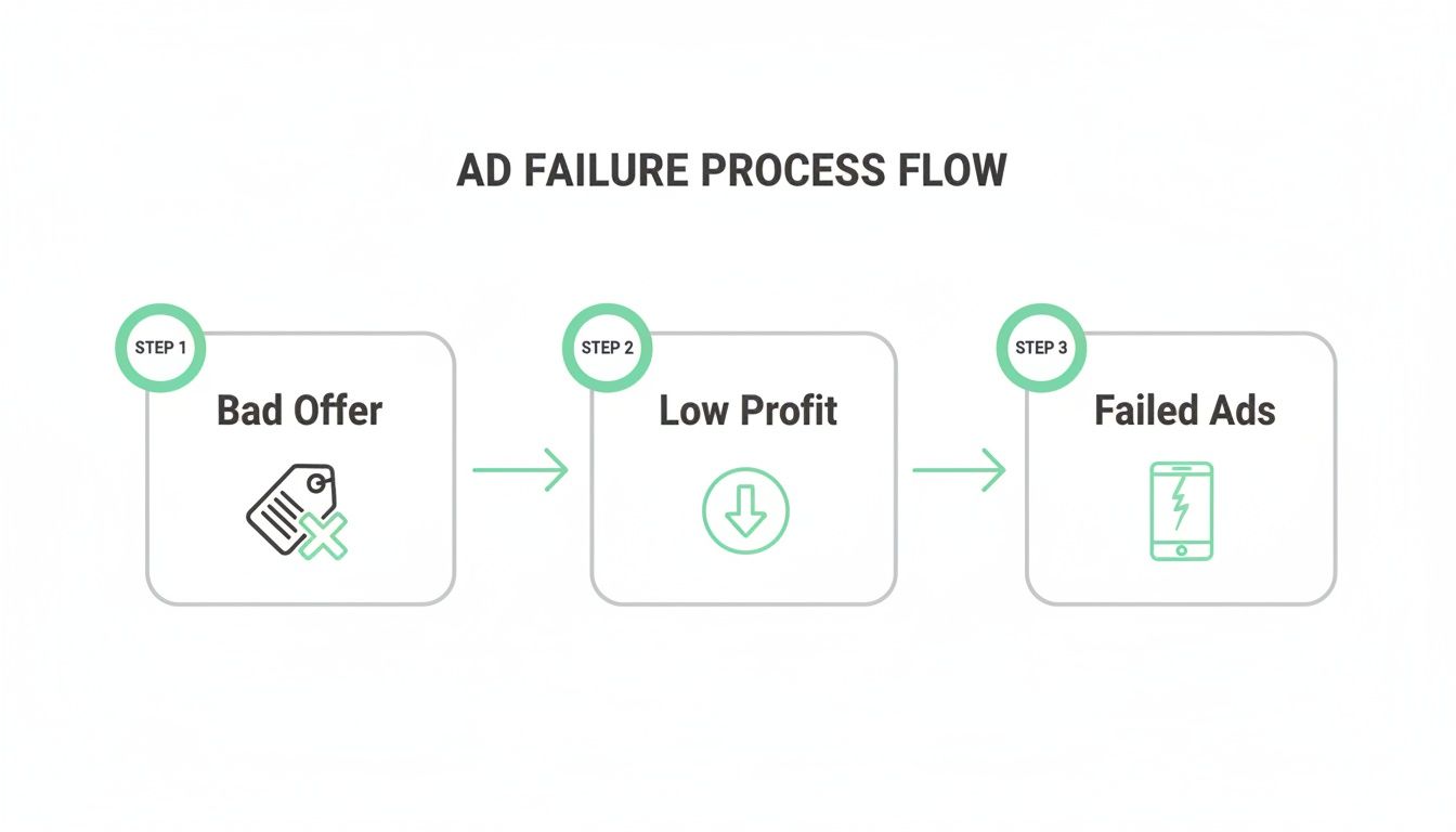 A three-step process flow illustrating ad failure: Bad Offer leads to Low Profit, resulting in Failed Ads.