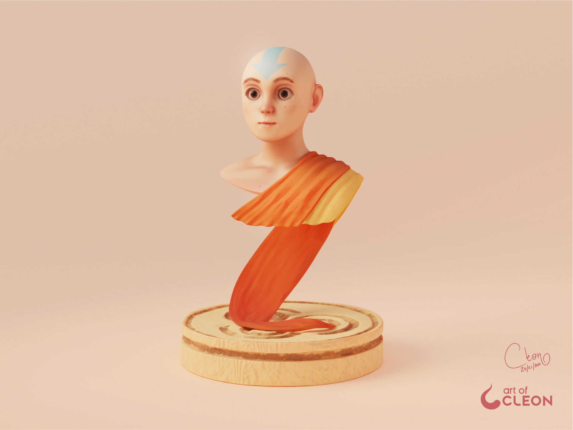 Full view of the finished stylized Aang bust on a circular carved wooden base.