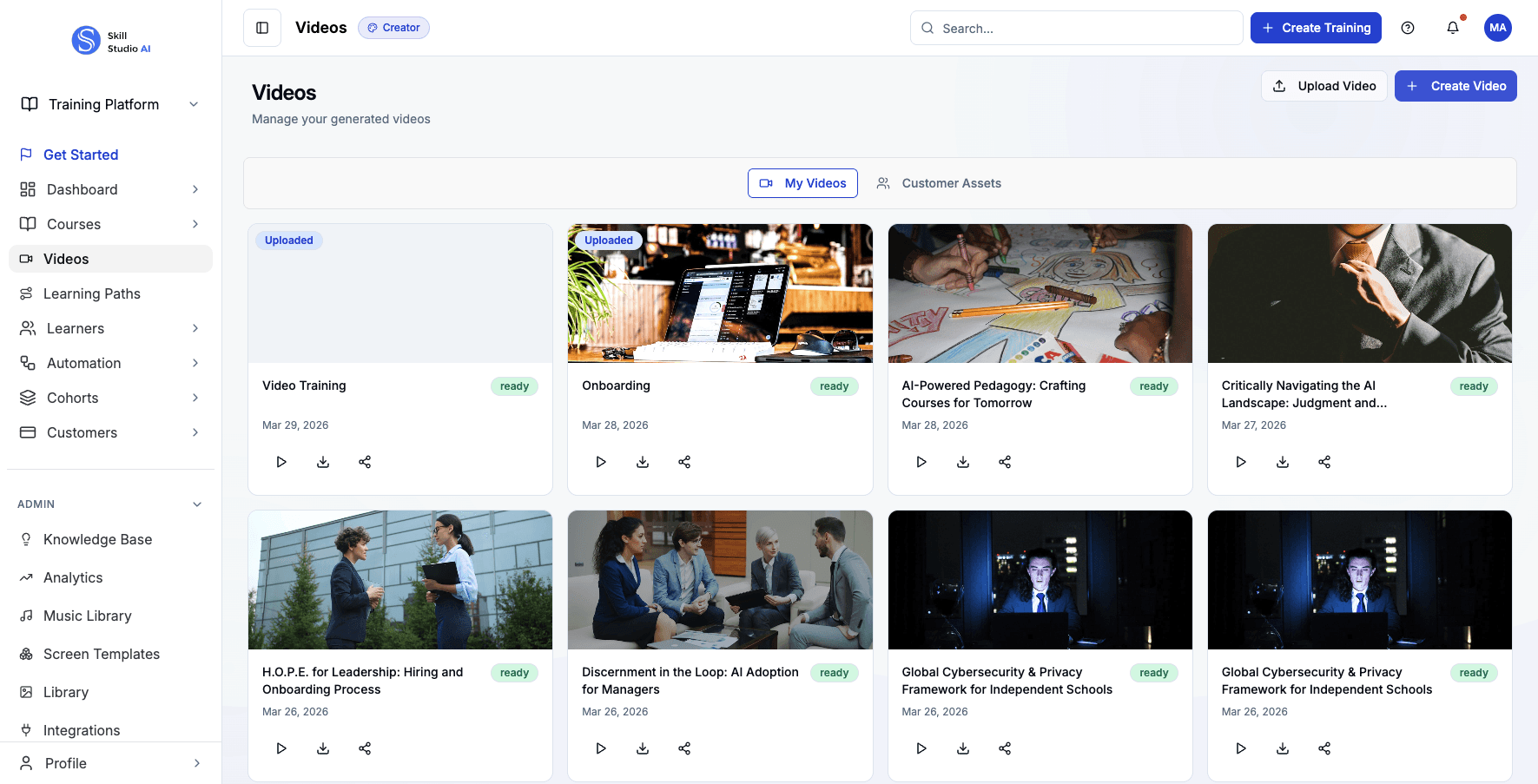 Click Create Video to start building an AI-generated training video.
