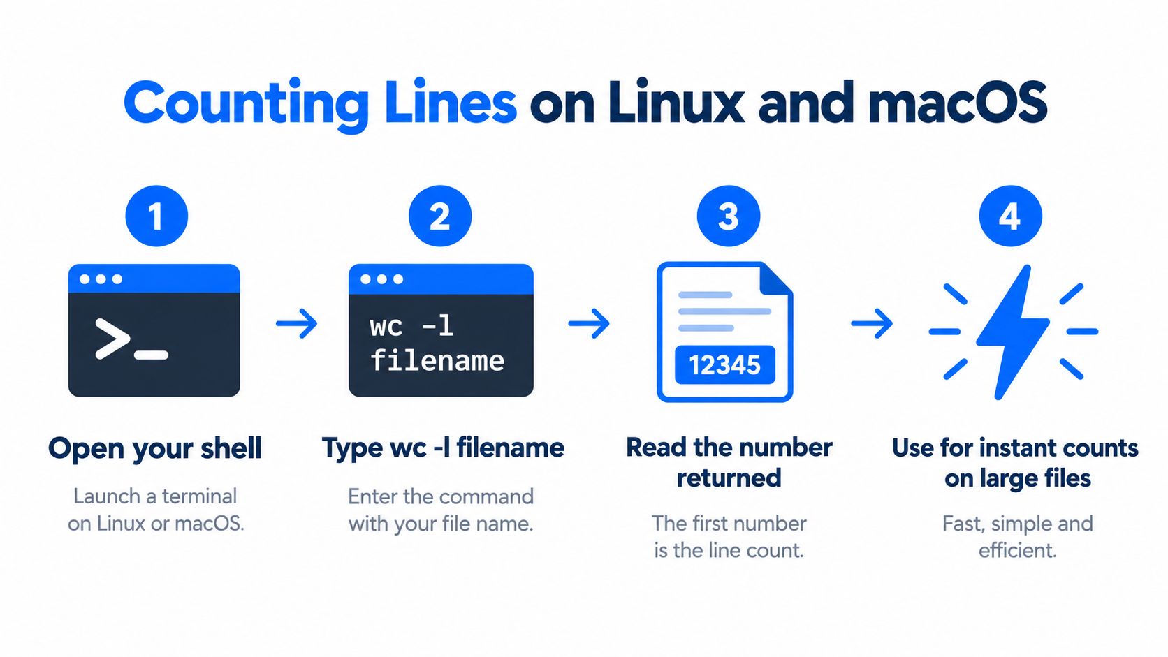 A four-step infographic illustrating how to count lines in a file using a terminal command.
