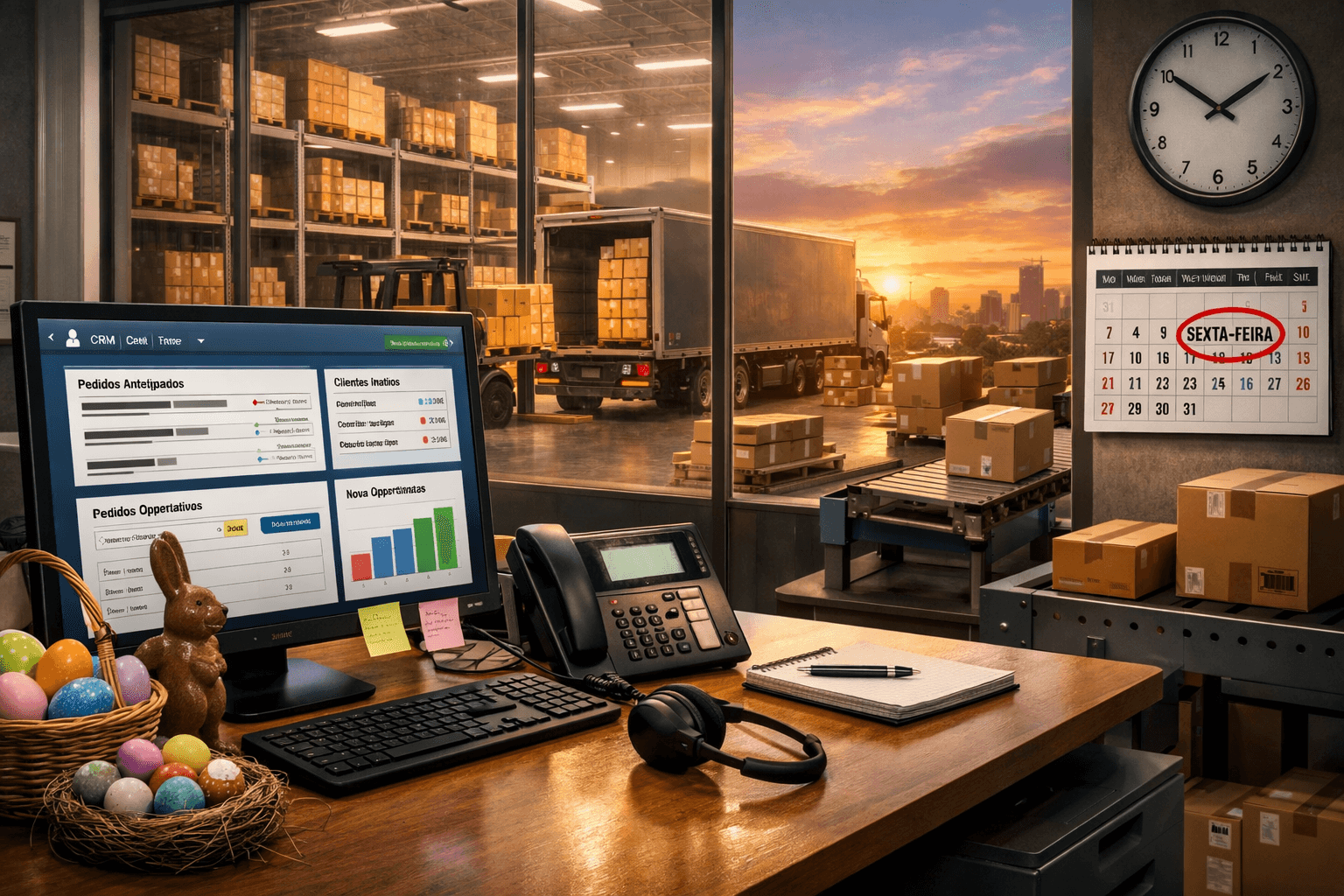 Imagem 3D realista de um escritório de televendas integrado a um armazém logístico ao fundo. Em primeiro plano, uma mesa com computador exibindo um sistema de pedidos, telefone e headset repousando, sem presença humana. Ao lado, elementos sutis de Páscoa como ovos coloridos e um pequeno coelho decorativo. Ao fundo, através de uma divisória de vidro, um centro de distribuição com caixas organizadas, esteiras e caminhões sendo carregados sob luz de fim de tarde. Um calendário na parede indica sexta-feira, reforçando o contexto de feriado e operação ativa.