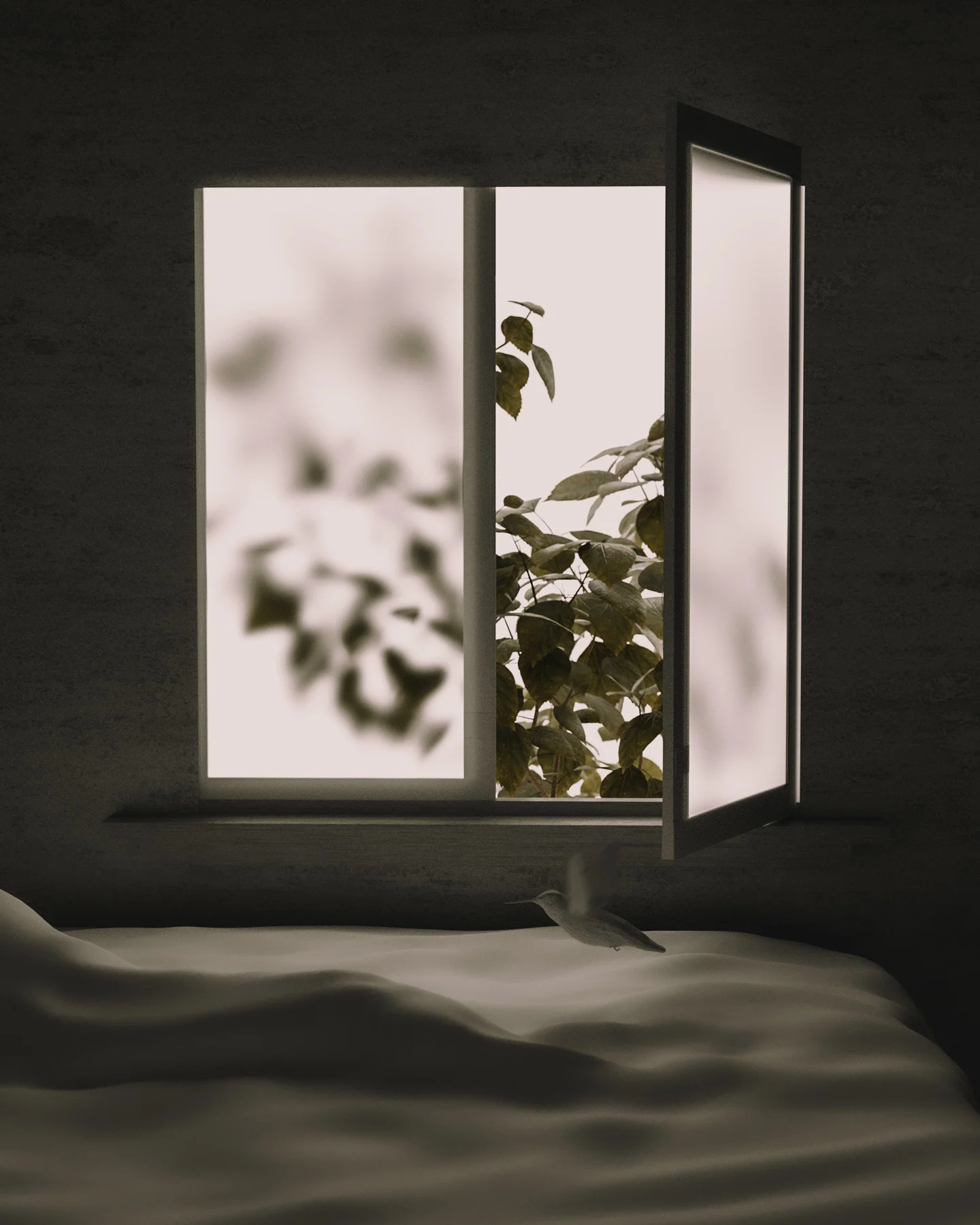A surreal 3D render of a bedroom interior with a sleeping person as a hummingbird hovers above them, illuminated by soft, diffused light from a window framed by trees.