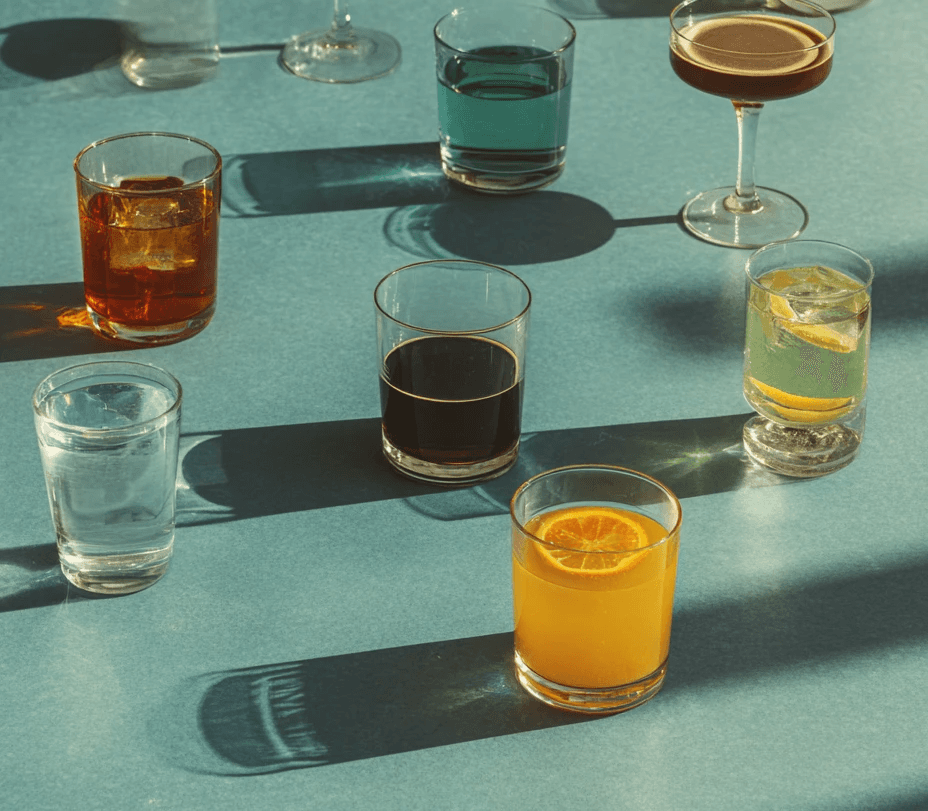 Wooden outdoor table set with multiple plates of food, including dips, salads, potatoes with cheese, and glasses of water, with hands reaching in to eat.