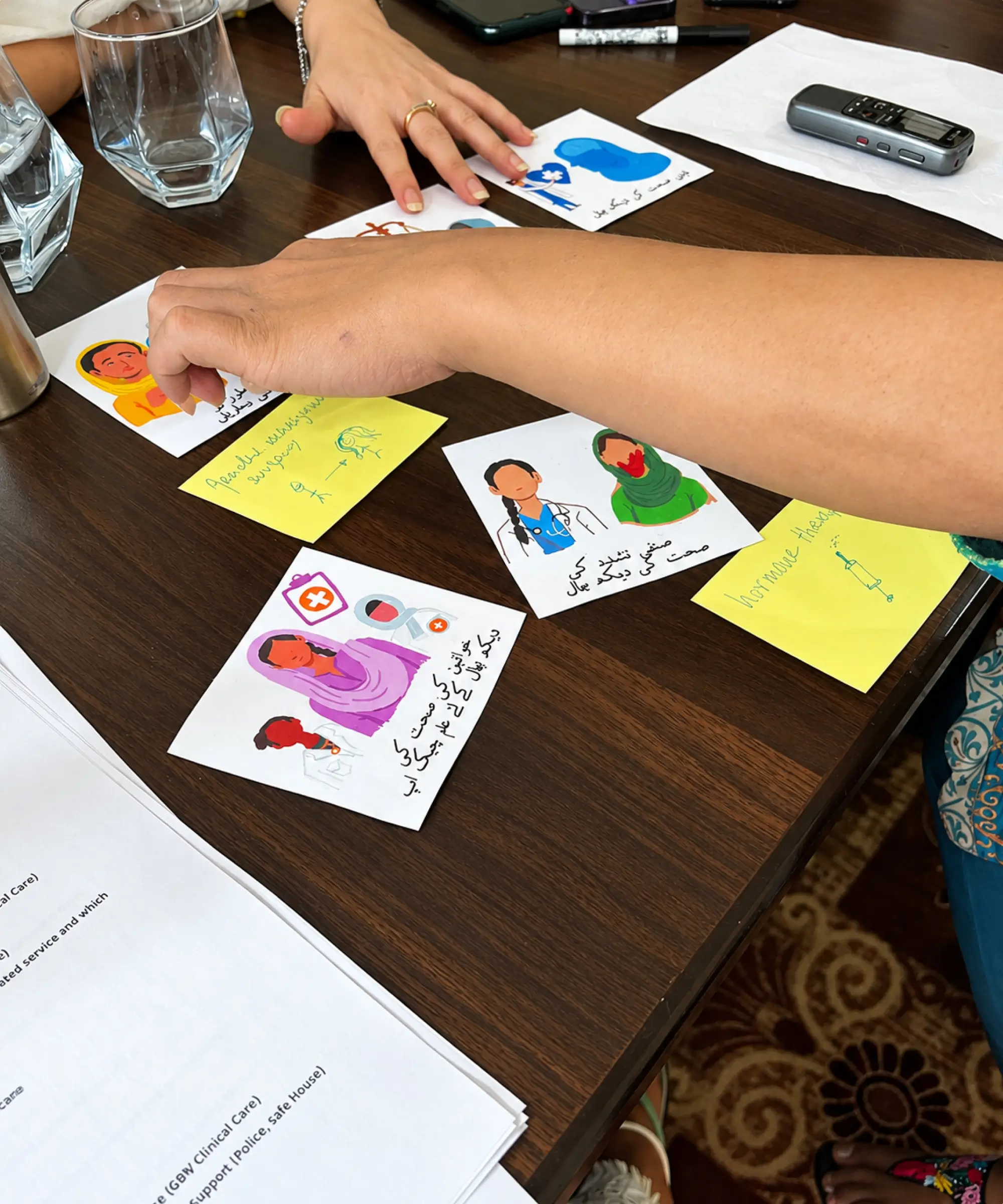 Service design workshop with journey-mapping cards, sketches, and sticky notes.