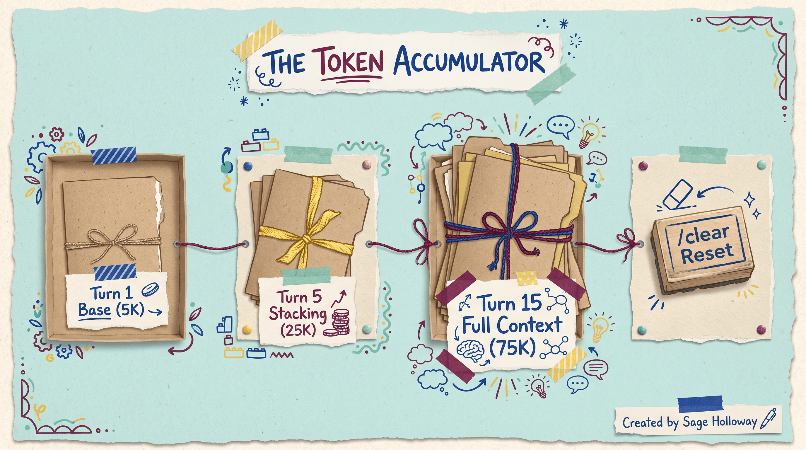 Scrapbook diagram of Claude Code token accumulation showing multi-turn context stacking and /clear memory reset