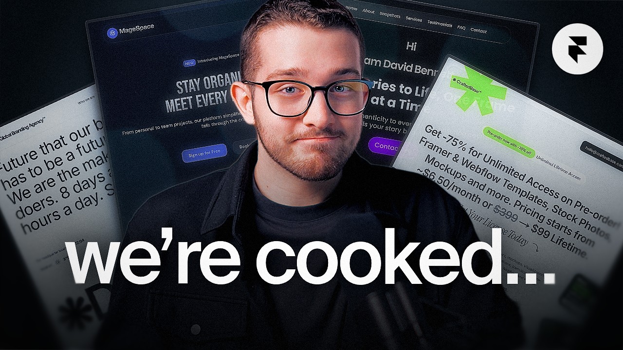 Content creator with 'we're cooked' text overlay and website previews in the background