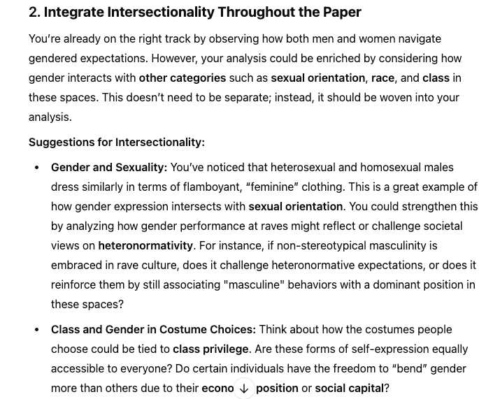 ChatGPT listing intersectionality talking points that resemble completed analysis with implied causal links.