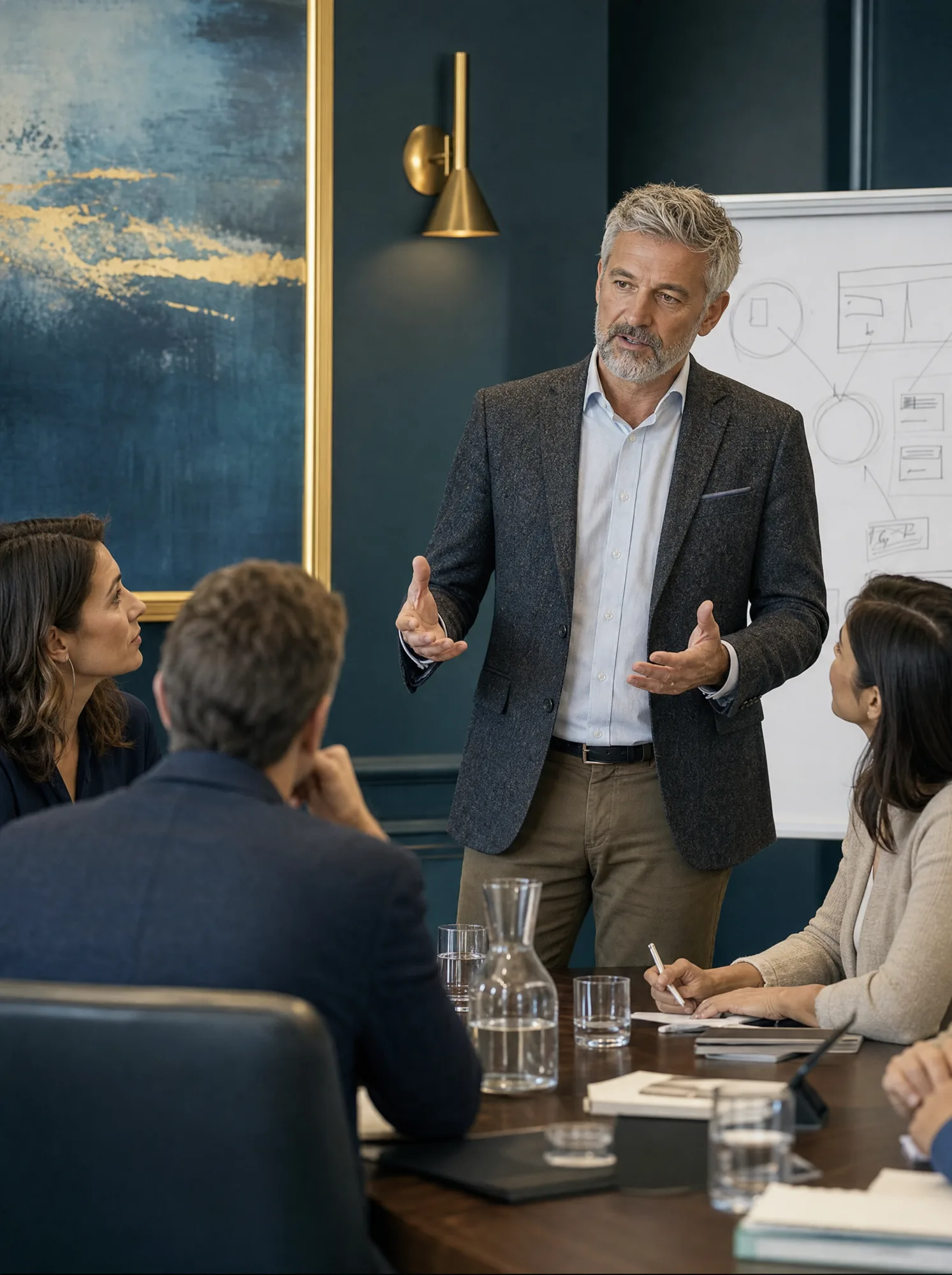 Berater führt ein Kundenteam durch einen Strategie-Workshop (KI-generiert)