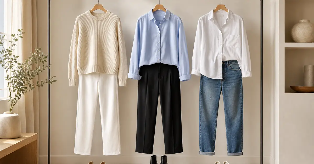 Three prepared outfits on a rail: cream knit with white trousers, blue shirt with black trousers, and white shirt with jeans