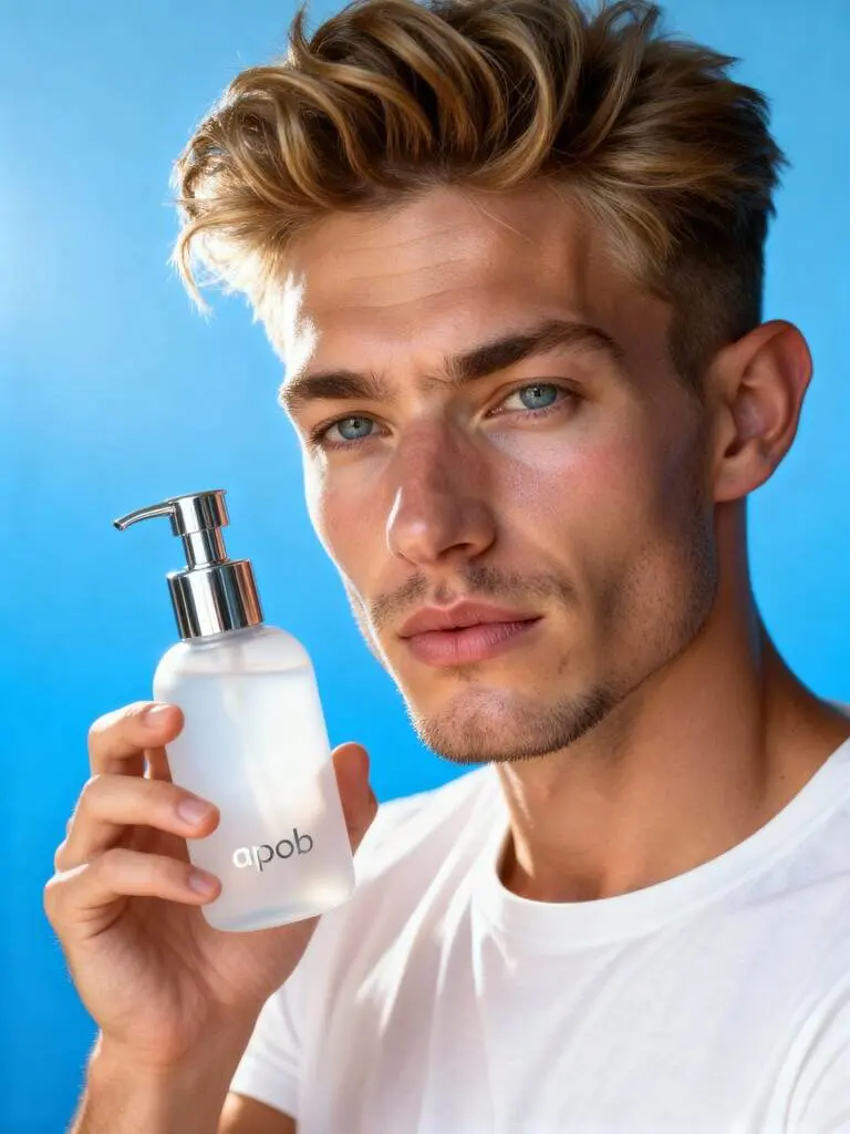 Man promoting APOB facial cleanser, fresh look, Seedream 4.0 Free.