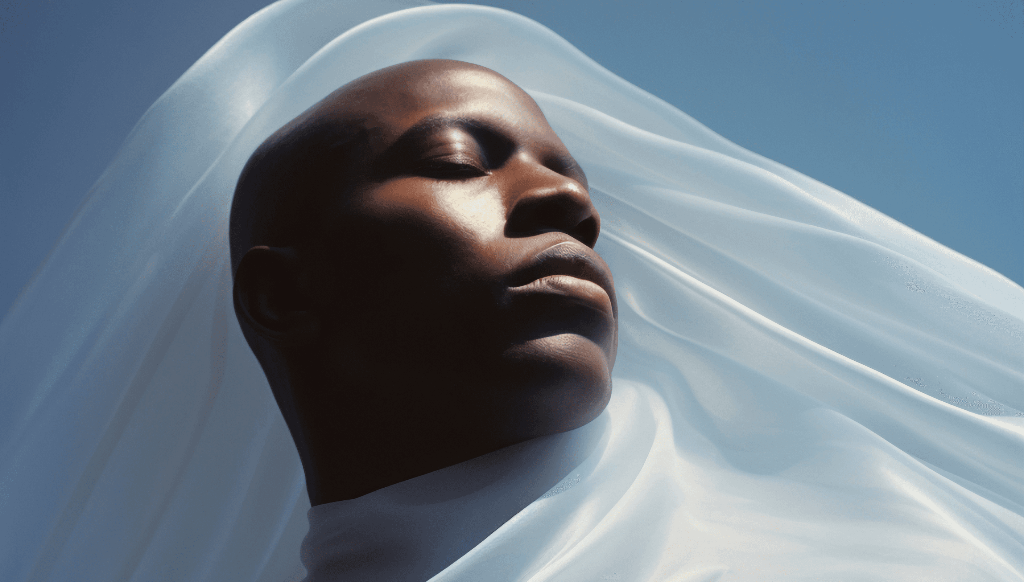 Bald woman in white fabric