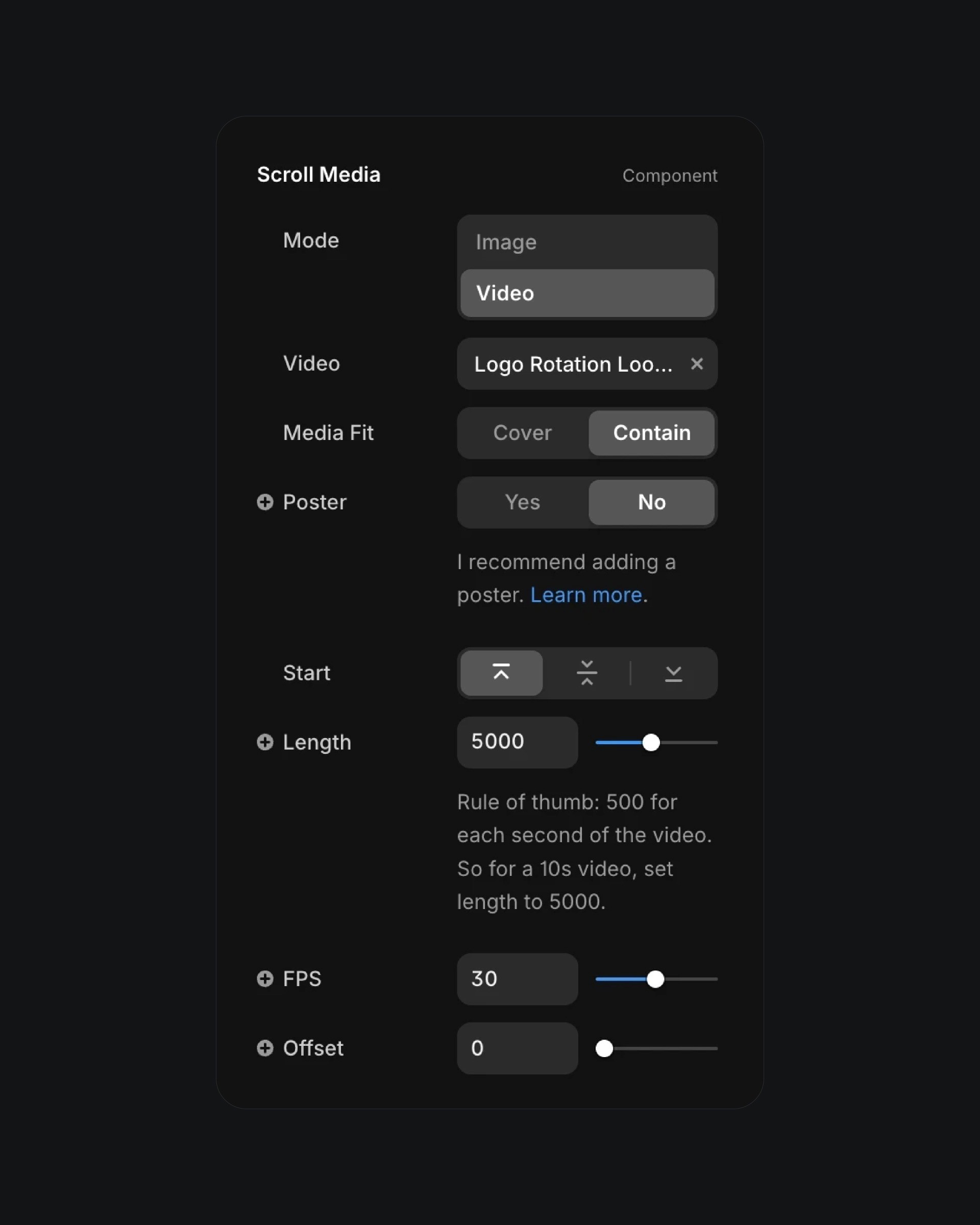 Scroll media settings panel displaying video mode, length, FPS, and media fit options on a dark interface