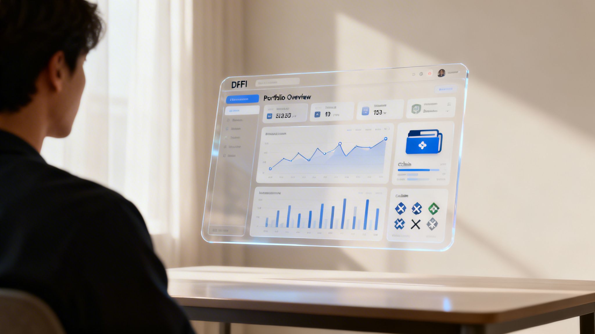 A man observes a futuristic transparent display showing a DFFI financial portfolio dashboard.