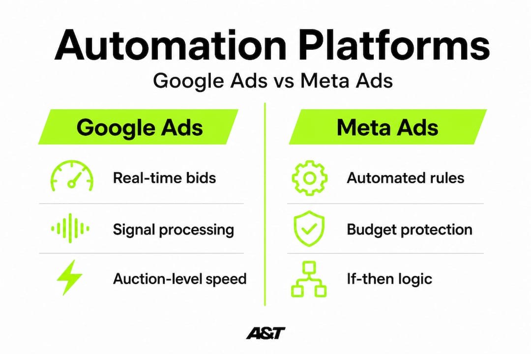 Infographic comparing Google and Meta ad automation