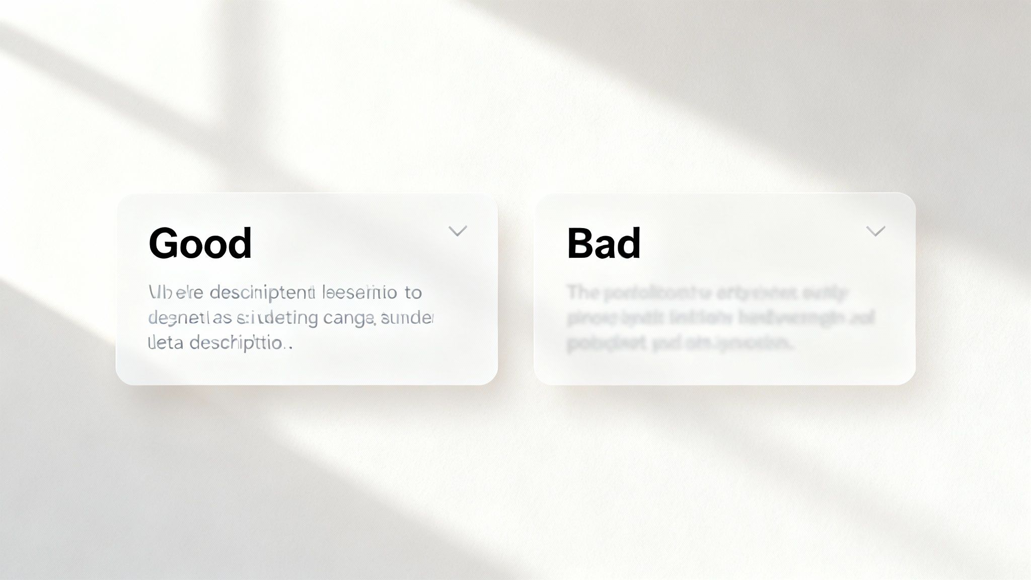 A split-screen image showing a good meta description on one side and a bad one on the other, with checkmarks and crosses to indicate quality.