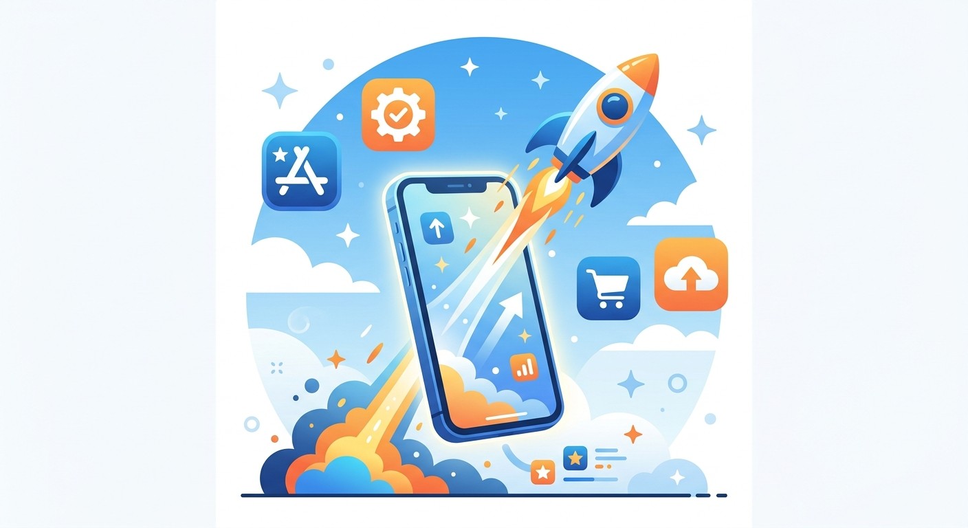 Submitting a finished mobile app to the App Store and Google Play, shown as a phone with a launching rocket