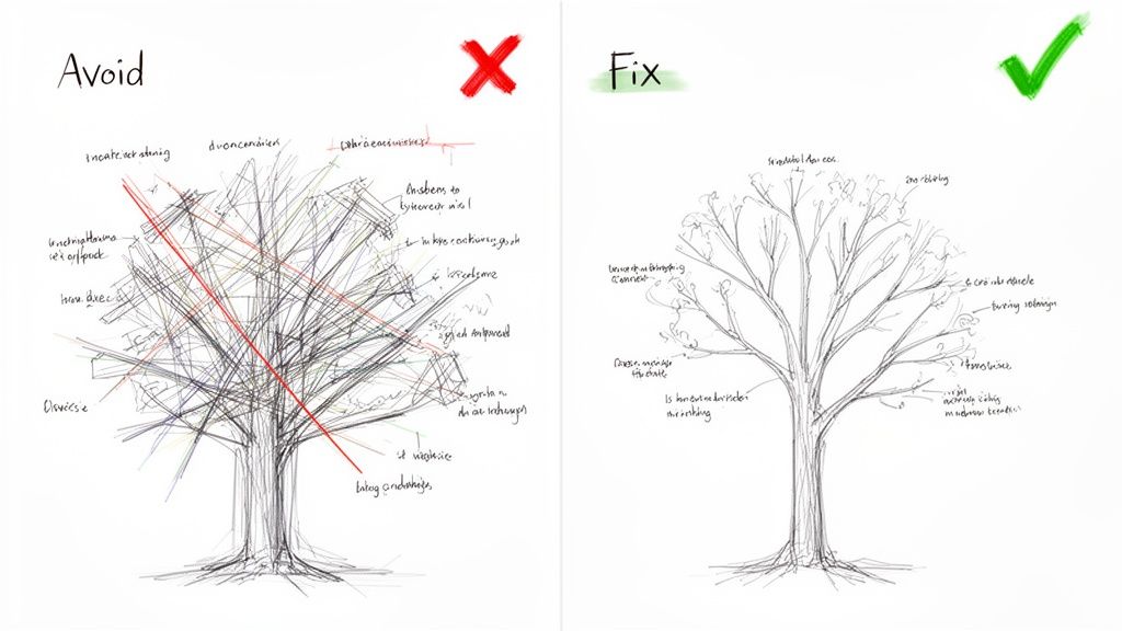 Two tree diagrams illustrating messy 'Avoid' and clean 'Fix' examples for UX design.
