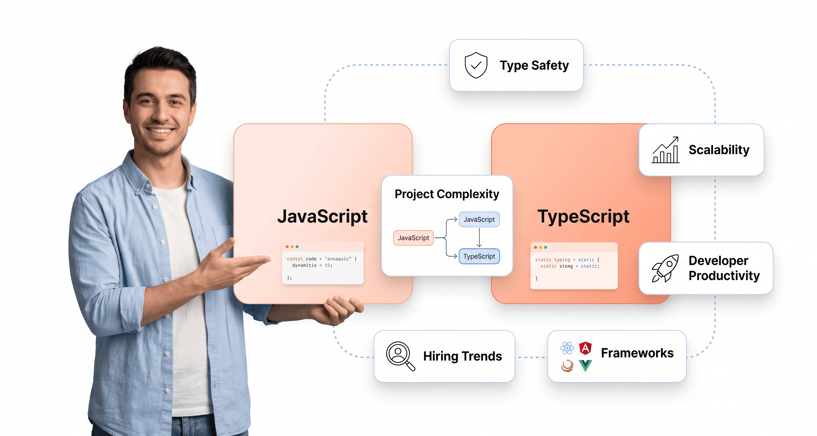 Professional SaaS-style comparison visual showing JavaScript vs TypeScript decision dashboards with developer workflow UI cards