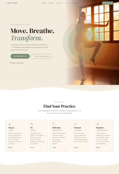 Yoga studio website AI prompt – Root & Rise earth tone design preview