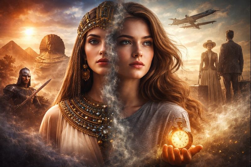 Past life regression concept art featuring a woman discovering her previous identity in ancient Egypt with historical landmarks and a vintage airplane in a dreamlike sky.